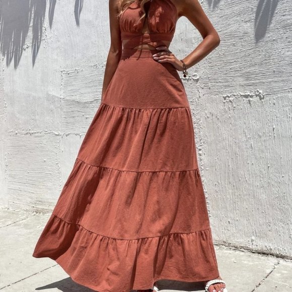 Burnt Orange Casual Womens Cut Out Crisscross Ruffle Hem Backless Halter Dress - Picture 4 of 5